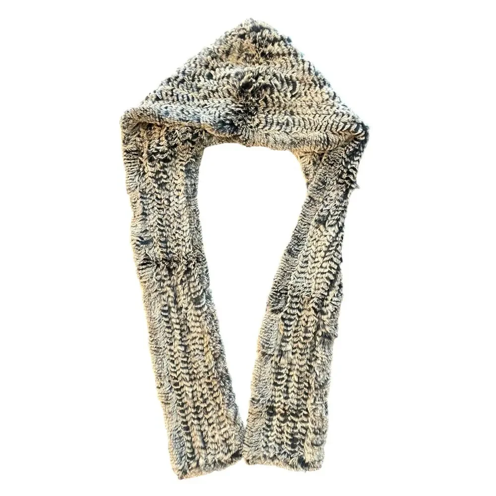 Real Genuine Rex Rabbit Fur Knitted Hooded Scarf Gray Brown Chinchilla Style